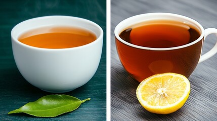 Two Cups of Tea with Lemon and Tea Leaf on Dark Background
