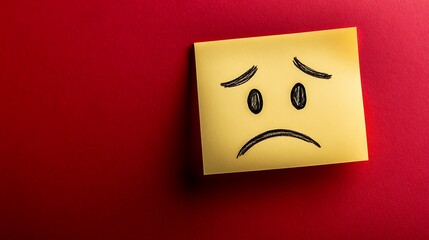 Yellow sticky note with drawn sad unhappy emoji face on red background,

