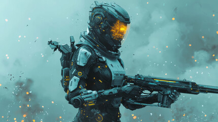 Fototapeta premium Futuristic combat cyborg dystopian city digital art sci-fi environment heroic viewpoint advanced technology concept