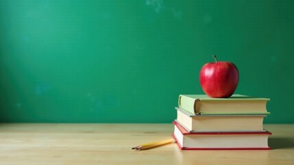 A red apple rests atop a stack of books and a pencil sits on a wooden surface against a green chalkboard background, symbolizing education and knowledge.