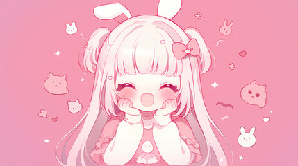 Cute anime girl with bunny ears and a joyful expression against a pastel pink background filled with hearts and playful characters