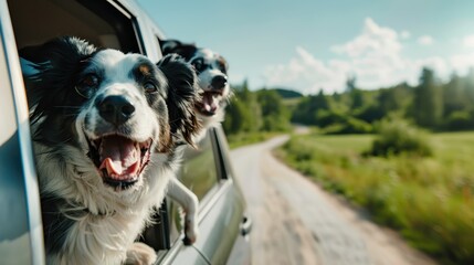 Two dogs enjoy the view from a moving car window