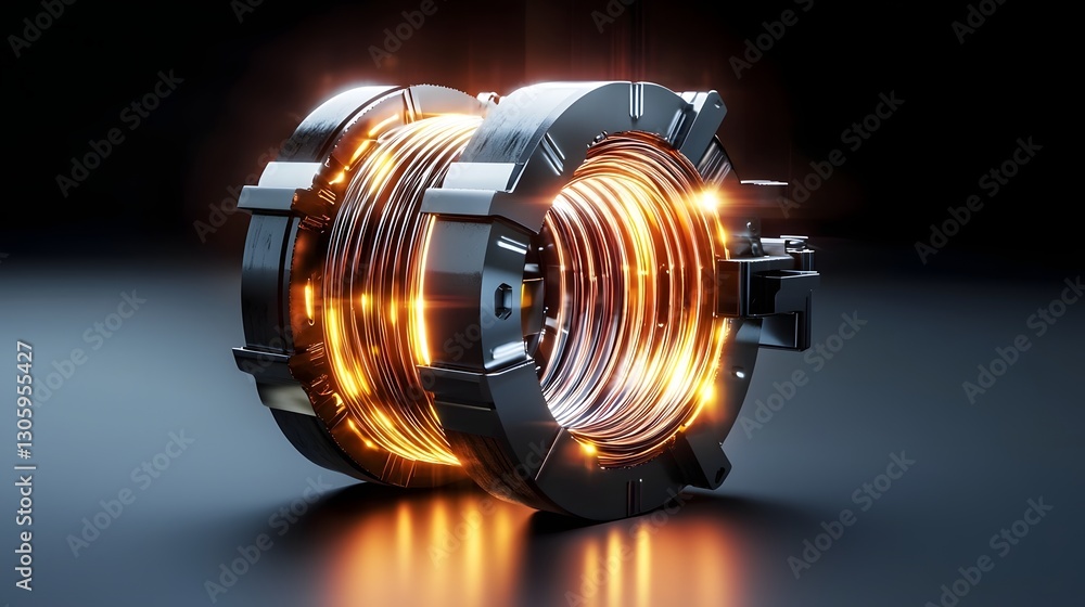 Poster view of a glowing electromagnetic coil wrapped around a metallic core showcasing the intricate desig