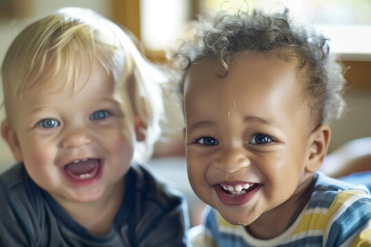 Two toddlers exude joy and express different emotions through their smiles.