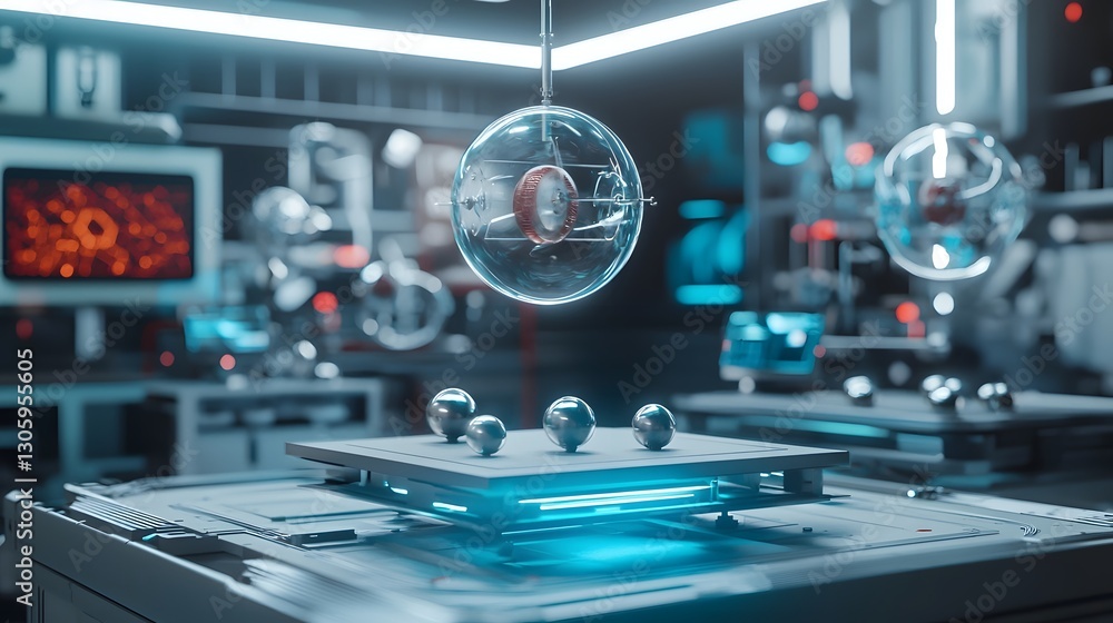Aufkleber view of a high tech laboratory setting featuring an experimental display of magnetic levitation wher