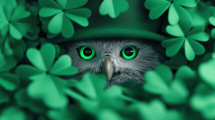 Cute fluffy owl with green eyes in a clover bush