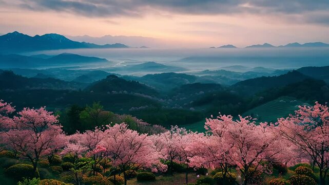 桜の花が点在する風景の空撮1