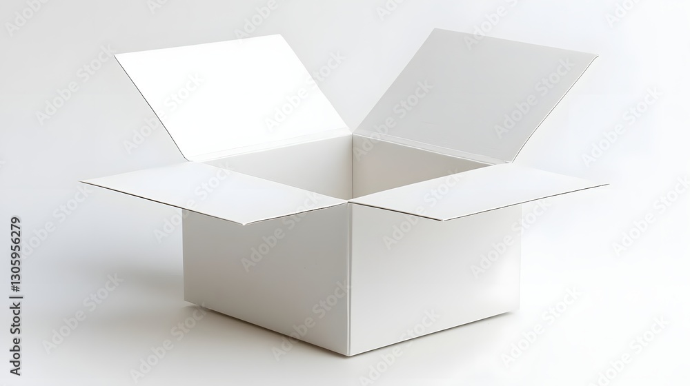 Poster 3D render of a simple clean and minimalist paper noodle box with a blank white exterior and a fold over top design  The box has a modern