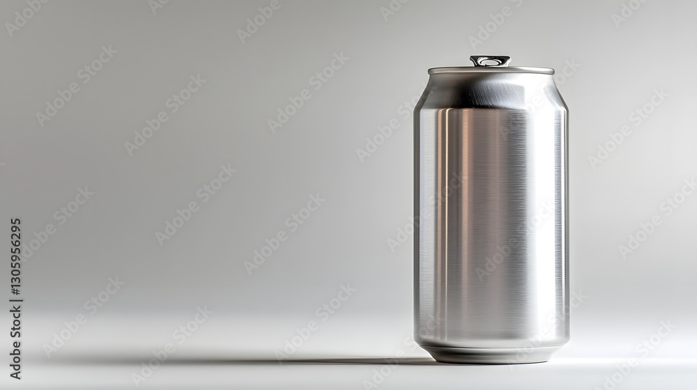 Poster 3d render of a stainless steel or aluminum beverage can with a brushed metallic texture floating on 