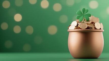 A small four-leaf clover growing in a pot with coin