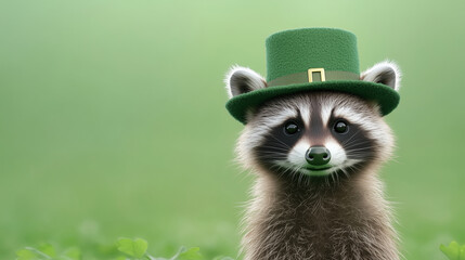 Cute raccoon wearing a leprechaun hat on a green background
