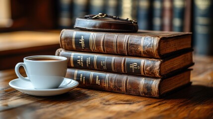 A professional lawyer's desk with financial law books, a briefcase, and a cup of coffee, illustrating the essence of legal practice and working life in a serene environment.