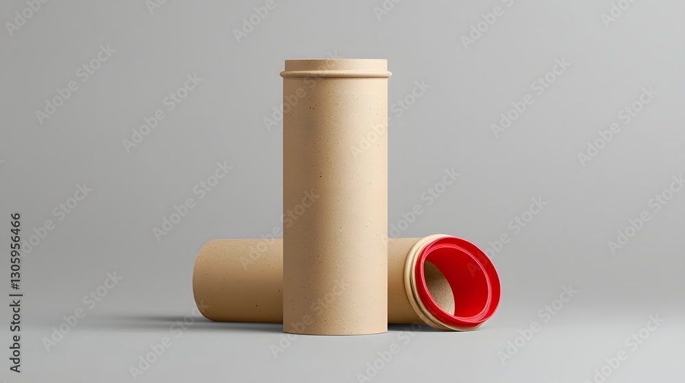 Aufkleber 3D rendering of a Kraft cardboard cylinder container with a smooth matte finish floating on a simple gray background  The minimalist industrial style object is perfect for product