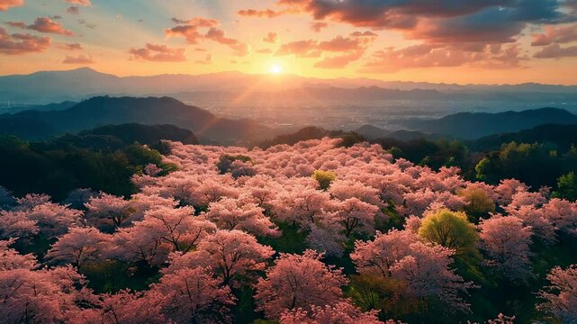 桜の花が点在する風景の空撮3