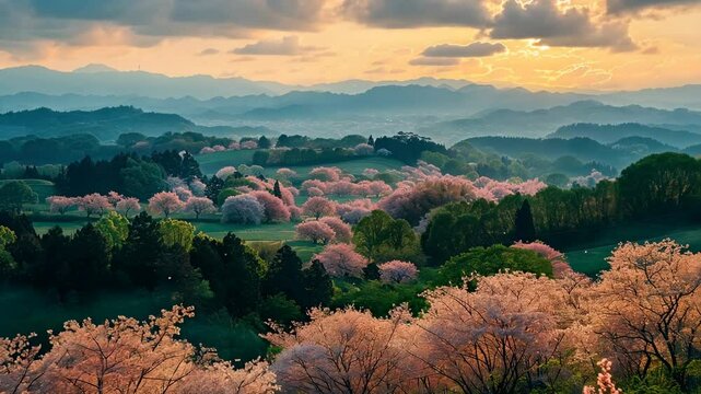 桜の花が点在する風景の空撮4