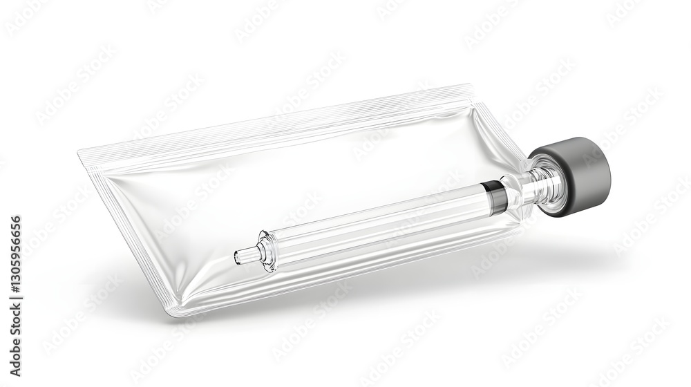 Aufkleber A 3D render of a clear  transparent refill pouch with a matte spout cap  floating on a clean  white studio background  The minimalist