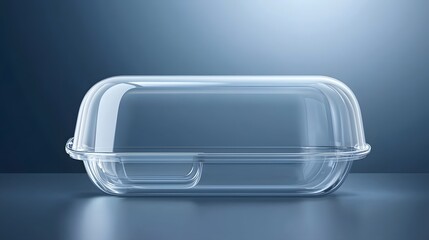 A clear transparent plastic clamshell container with no labels isolated on a simple clean white background  The container is displayed as a mock up or product shot for packaging design