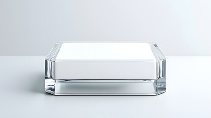 A closeup view of a sleek and modern clear acrylic compact box designed to hold powder makeup and cosmetic products  The container features a glossy