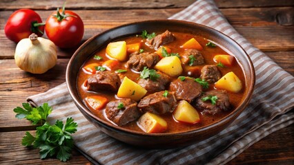 Hearty beef goulash in a bowl with tender potatoes and savory gravy, cozy, hearty,  cozy, hearty