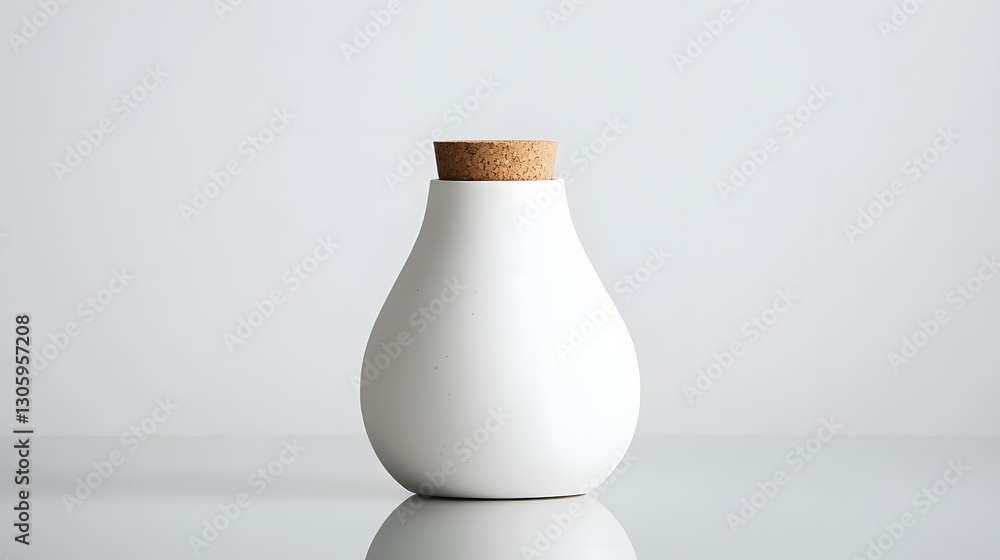 Poster a modern and minimalist white ceramic jar with a cork lid resting on a reflective surface the simple