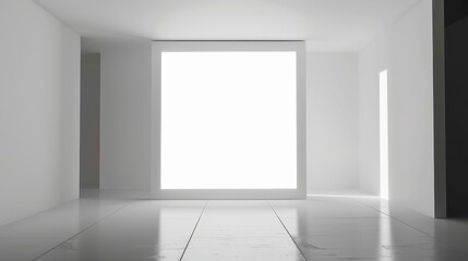 Fototapeta premium White blank screen in minimalist room with artificial lighting for projections.