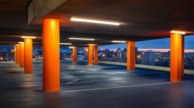 Twilight Cityscape from a Rooftop Parking Garage Orange Pillars, Fluorescent Lighting, Urban View, Parking Structure Urban Photography, Cityscape