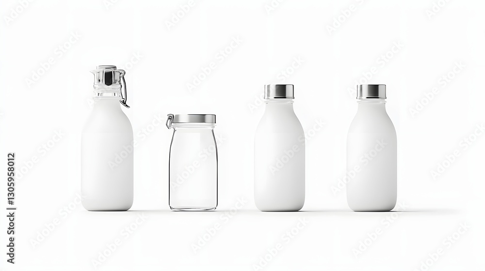 Poster a photo of a frosted glass milk bottle with a minimal rounded body and a silver twist off lid the bo