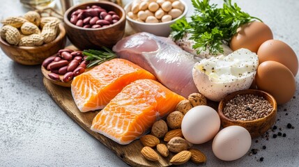 High-Protein Food Composition Salmon, Chicken, Eggs, Nuts and Legumes, Food Photography, Healthy Eating High-protein diet, healthy recipes