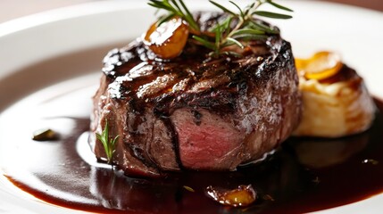 Grilled Filet Mignon with Rosemary and Red Wine Reduction, Close-up Photography, Gourmet Food, Steak Recipe Steak, Food Photography