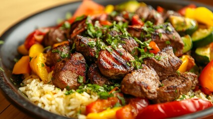 Grilled Beef and Vegetable Rice Bowl Close-up Composition, Colorful Food Photography, Delicious Recipe, Food Photography, Recipe Grilled Beef, Rice Bowl