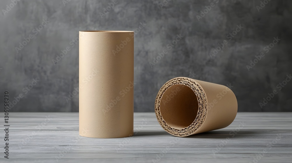 Poster a photo of a matte finish kraft cardboard cylinder container floating elegantly against a plain grey
