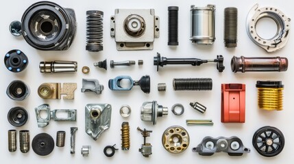 Flatlay Composition of Assorted Mechanical Parts, Industrial Hardware, Engineering Components, Auto Parts. Machine, Technology Auto Parts, Engineering, Machinery