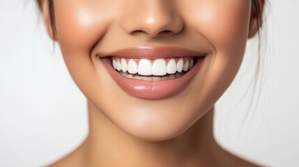 Obraz premium Close-up of a Woman's Radiant Smile Perfect Teeth and Glowing Skin, Smile Aesthetics, Dental Health Smile, Teeth Whitening