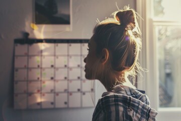 Woman planning and organizing schedule with calendar on well-lit wall.