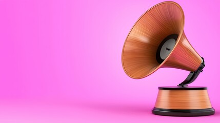 Vintage Wooden Gramophone on Vibrant Pink Background