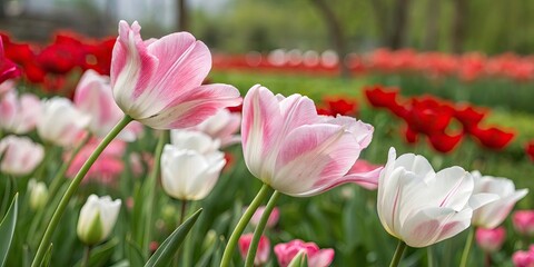 Obraz premium Night Bloom: Pink & White Tulips, Selective Focus, Macro Photography, Flower Night Shot