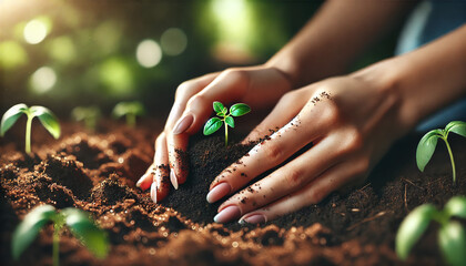 Close-Up of Hands Planting a Green Seedling in Soil 