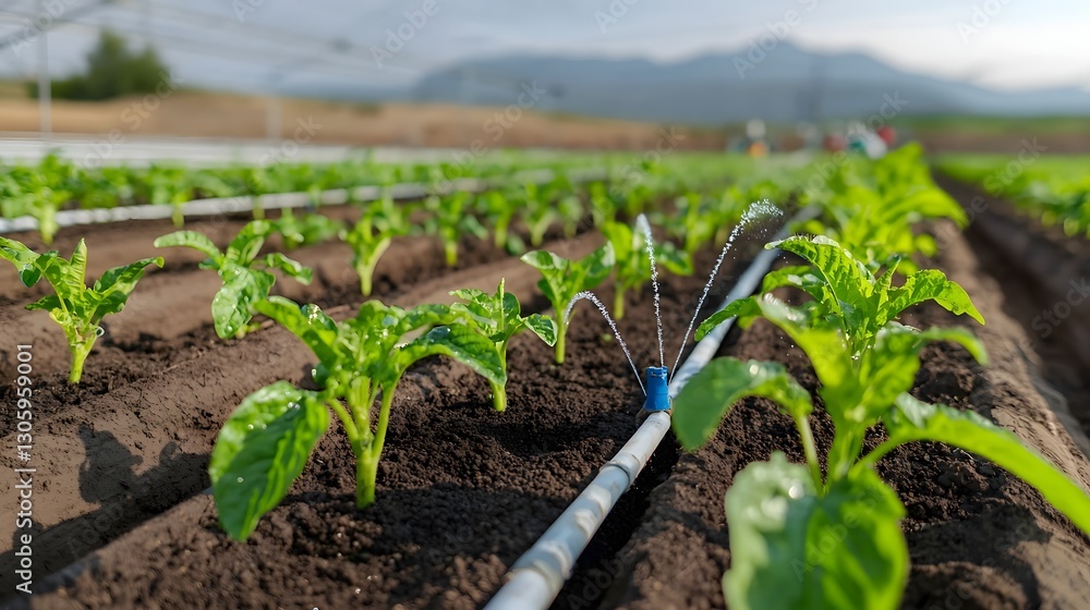 Poster a photo of an automated irrigation system precisely delivering water droplets to each plant in a hig