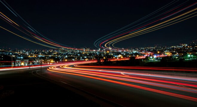 City Lights at Night: A mesmerizing view of city lights at night, where streaks of light from passing vehicles trace luminous paths through the dark sky. Capturing the vibrant energy of urban life.