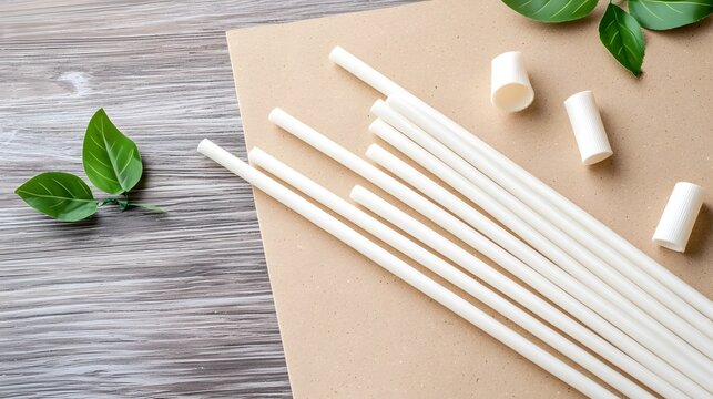 A photo showcasing a biodegradable PLA straw with a soft natural texture displayed on an eco friendly kraft surface  The image highlights the sustainable and renewable properties of the straw