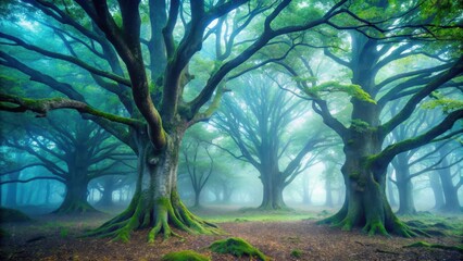 Soft fog gently wraps around ancient trees in a misty forest, creating an eerie silence and mystical ambiance , peaceful ambiance, foggy atmosphere