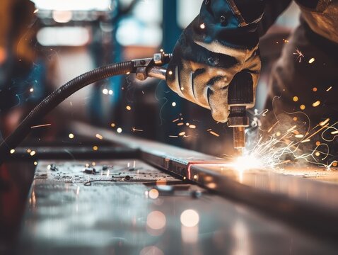 Skilled worker performing precise metal works with welding machine in workshop