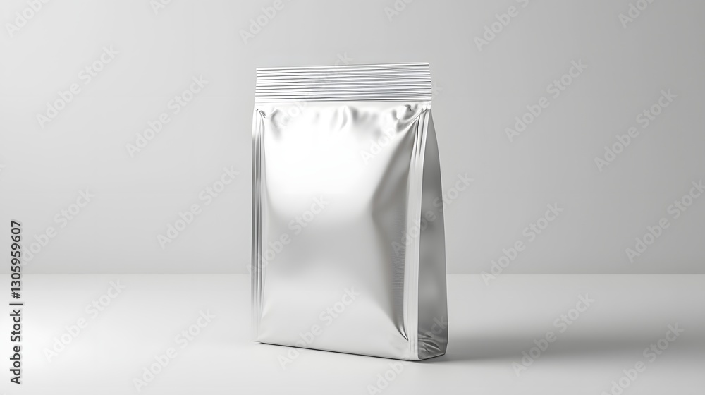 Poster a photograph of a glossy silver foil pouch with heat sealed edges isolated on a plain white backgrou