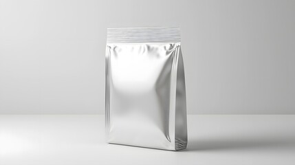 A photograph of a glossy silver foil pouch with heat sealed edges isolated on a plain white background  The package has a clean minimal design