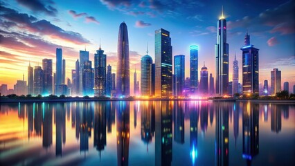 Fototapeta premium Futuristic cityscape at dusk with towering skyscrapers and neon lights reflecting off a serene lake