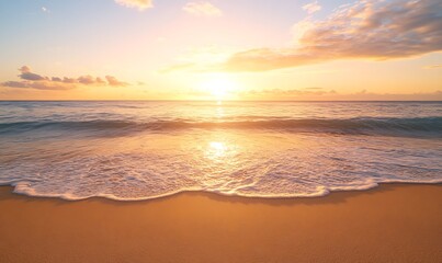 Isolated tropical beach at sunrise with golden sands and serene atmosphere. Perfect for nature and travel themes.