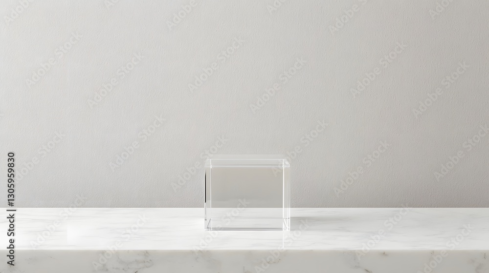 Poster A photographic image showcasing a clear acrylic cube shaped box displayed on a pristine white marble surface  The scene exudes a minimalist contemporary aesthetic with its simple