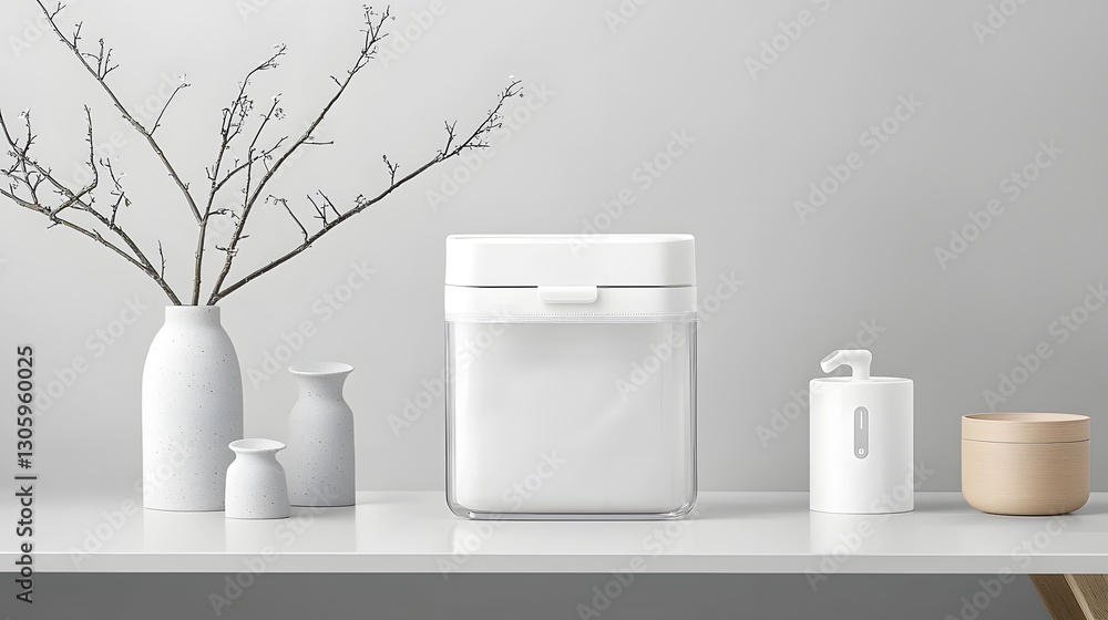 Aufkleber A still life image showcasing a transparent multi layer pouch with an ergonomic grip and a modern spout design arranged on a minimalist white table or shelf with other simple