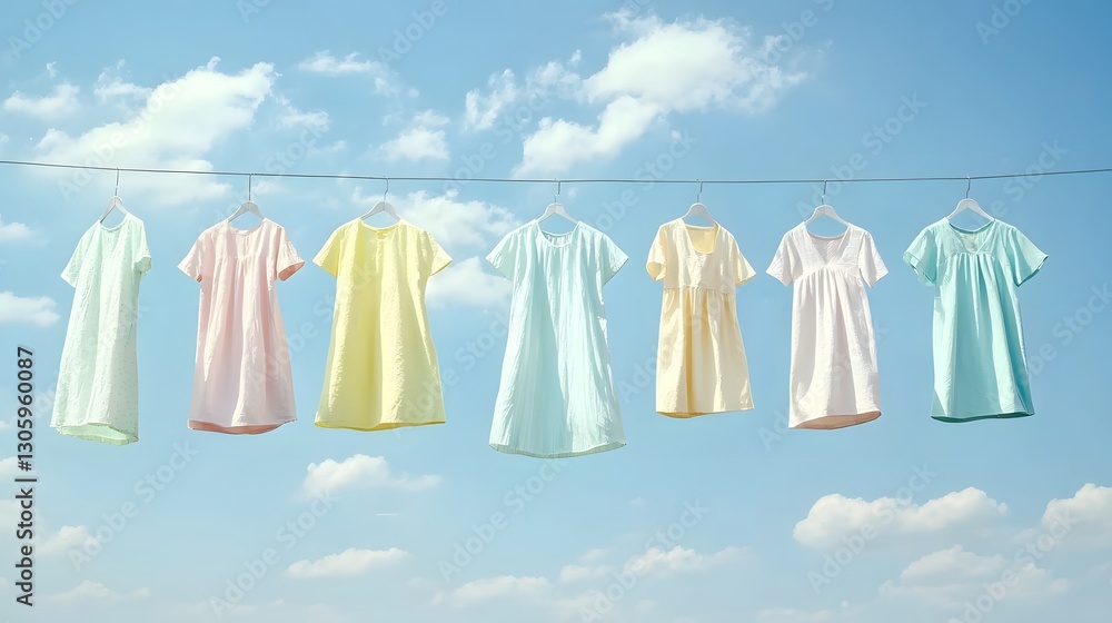 Poster a tranquil and whimsical scene of pastel colored summer dresses gently swaying in the breeze against