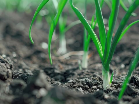Healthy Young Onion Plants Thriving in Rich Farm Soil